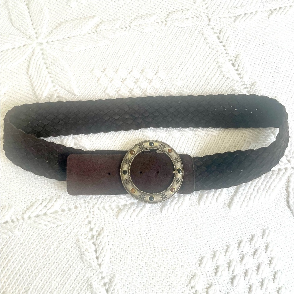 BEDO Braided Suede Belt with Brass Stars Rhinestones Buckle, Brown Medium
